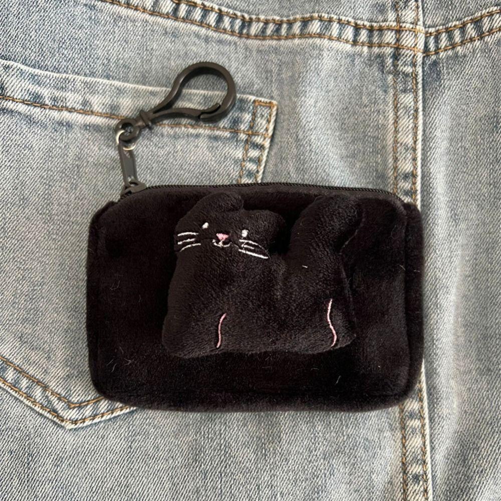 New Cute Anime Coin Purse Plush Round Earphone Storage Bag Portable with Black Pearls Mini Wallet Girly Gift