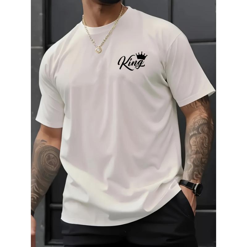 Men's Cotton T-shirt - Casual Crew Neck, 'KING' Crown Graphic, Short Sleeves, Fashionable for Summer, Machine Washable