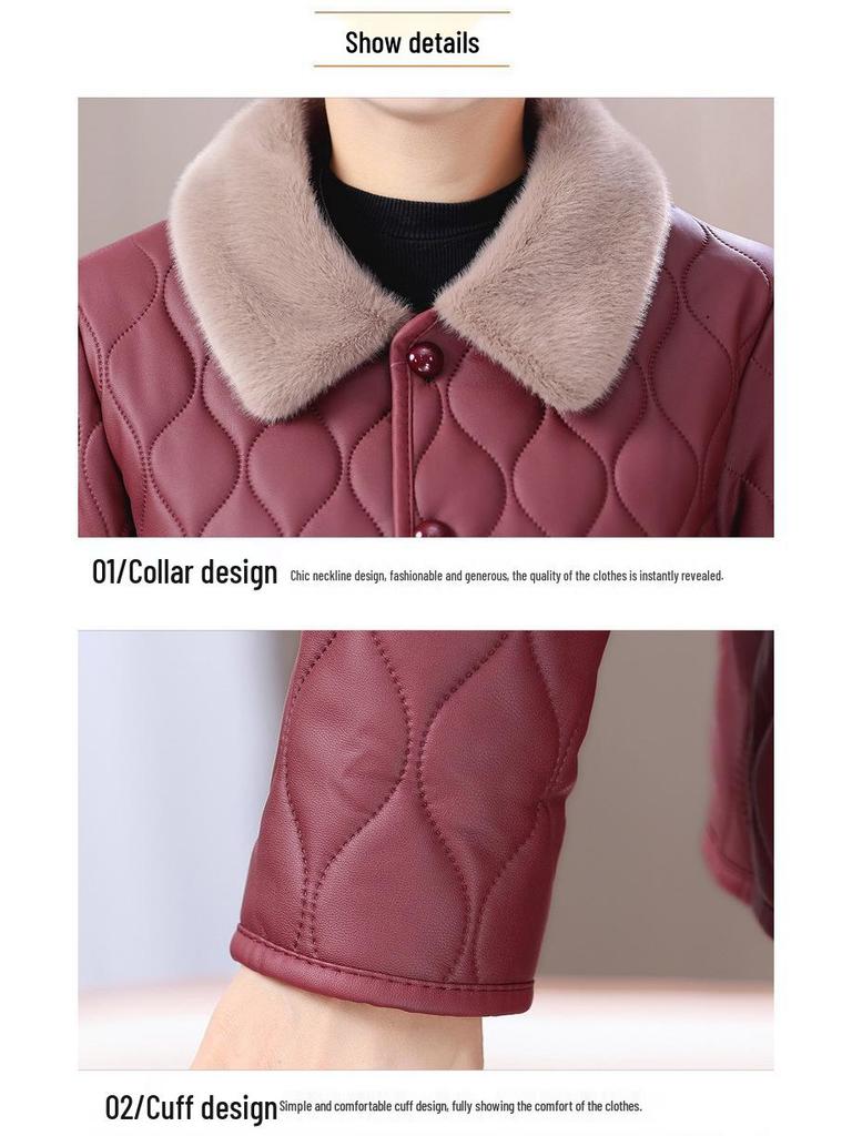 Chic Winter Fleece-lined Coat for Middle-aged & Elderly Women - Fashionable Leather-Feel, Loose Fit Top