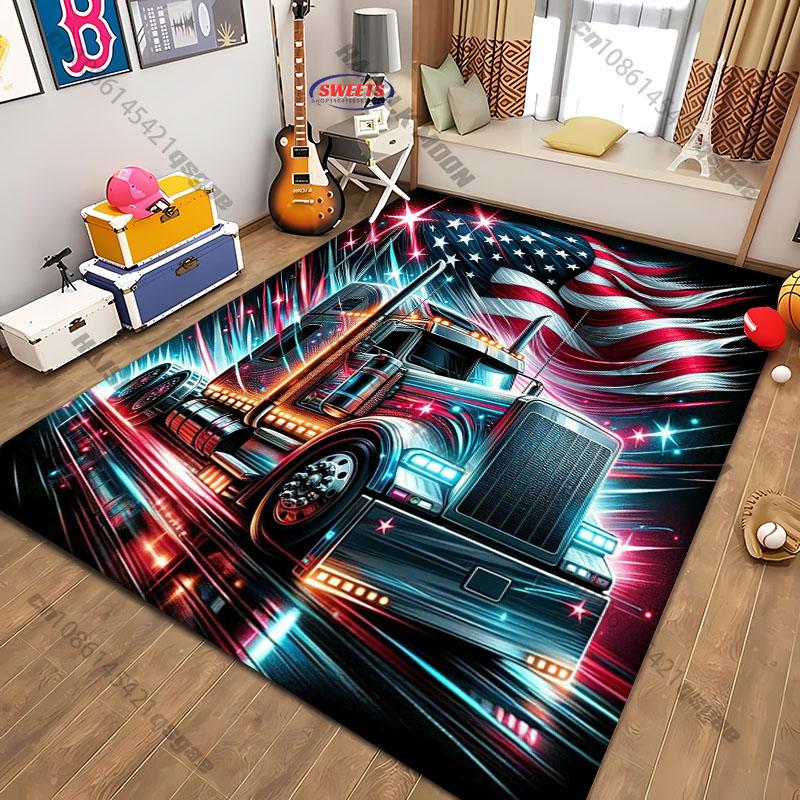 American Flag and Truck-Themed Non-Slip Carpet for Living Room or Garage soft rug for home sofa bedroom, gift mat