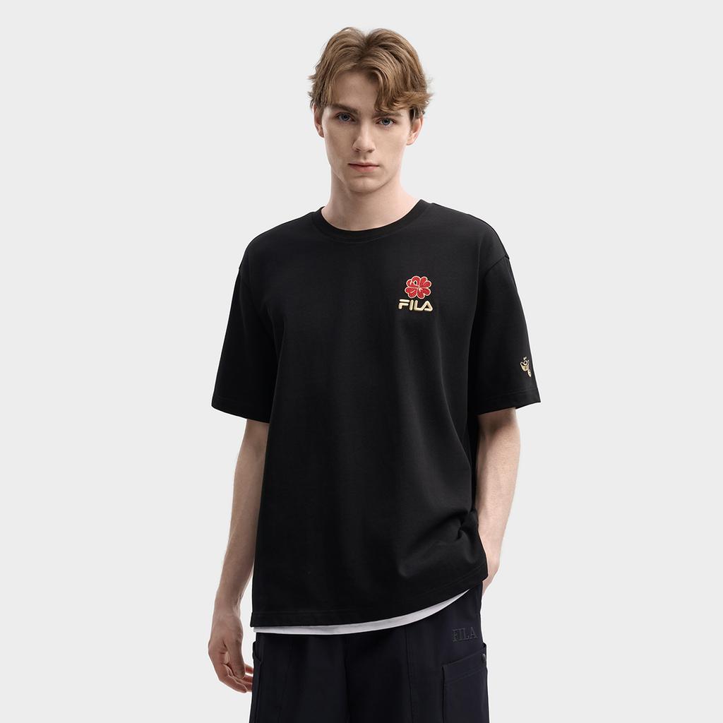 Fila Original Peony T Fashion Simple Classic Retro Casual Sports Comfortable Knitted Loose Short Sleeve T-Shirt Unisex T-Shirts Black F51U619101FBK