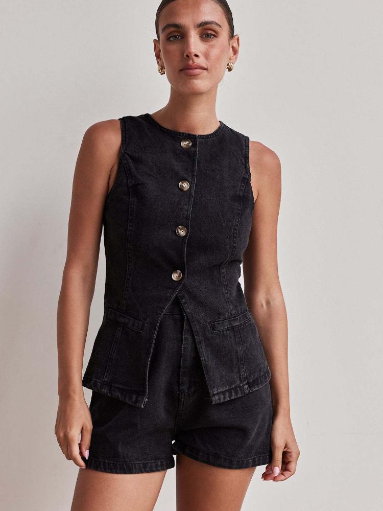 Spring Summer Fashion Sleeveless Waist High Waist Loose Cowboy Shorts Set