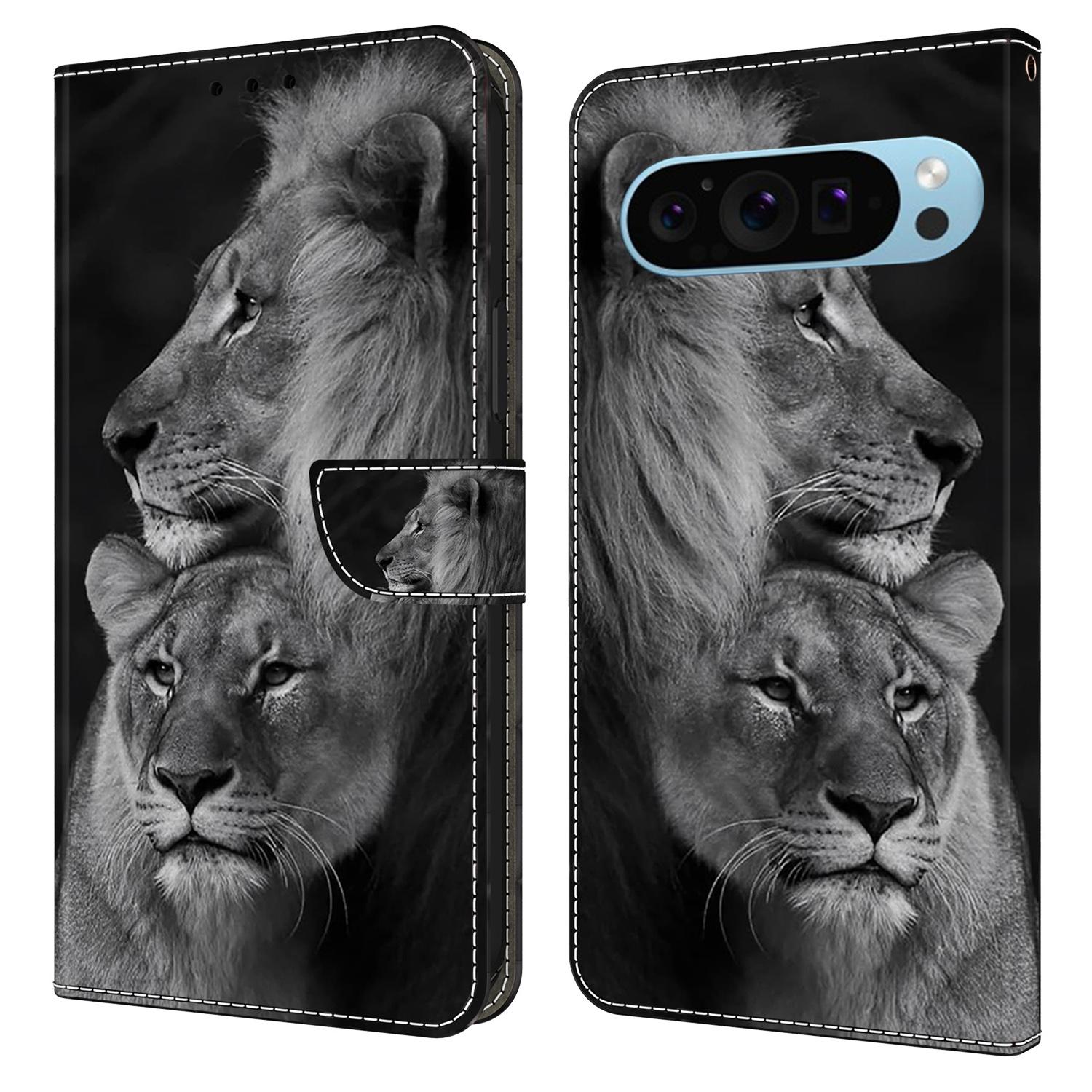 

For Google Pixel 9 Pro XL Case PU Leather 3D Pattern Flip Bookstyle Wallet Phone Cover Couple Lions