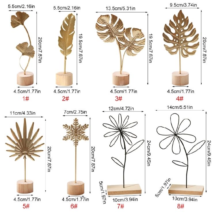 Golden Leaf Sculpture with Wood Base Ornament Ginkgo Palms Leaves Statue Figurine Table Adornment Office Desktop Decor