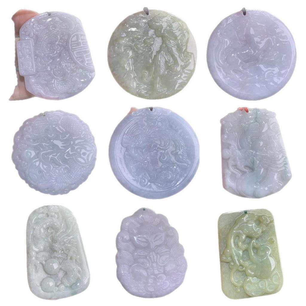 Myanmar Natural A-Grade Jade Pendant with Fox, Tiger, Qilin, and Bodhisattva Figures