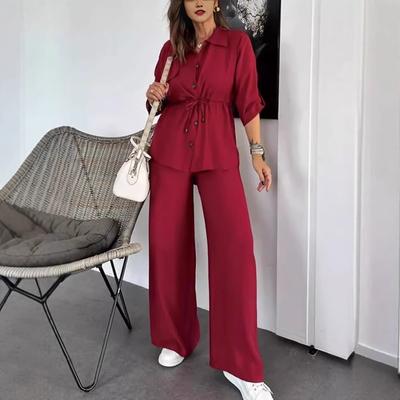 Women's Set Autumn Fashion Loose Casual Solid Color Long-sleeved Lapel Drawstring Patch Pocket Button-down Shirt + Straight Trousers