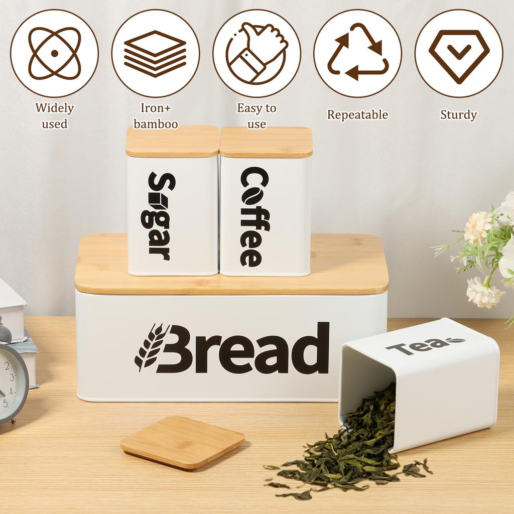 3/4Pcs Bread Bin Tea Coffee Sugar Canisters Set Iron Bread Box Tea Coffee Canisters with Bamboo Lids for Kitchen Bakery and Home