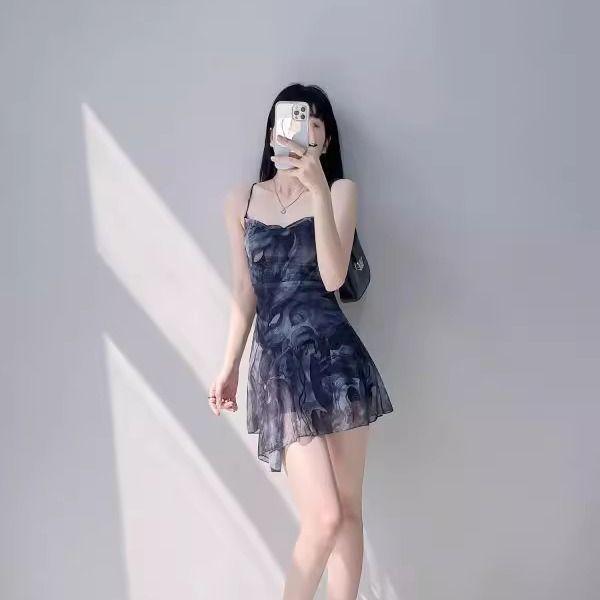 Sexy Cross Halter Suspender Skirt Spice Girl Tie-Dye Printed Mesh Waist Dress
