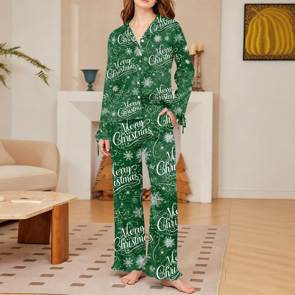 Women's Christmas Print Silky Long Sleeve Button-Down Pajama Set