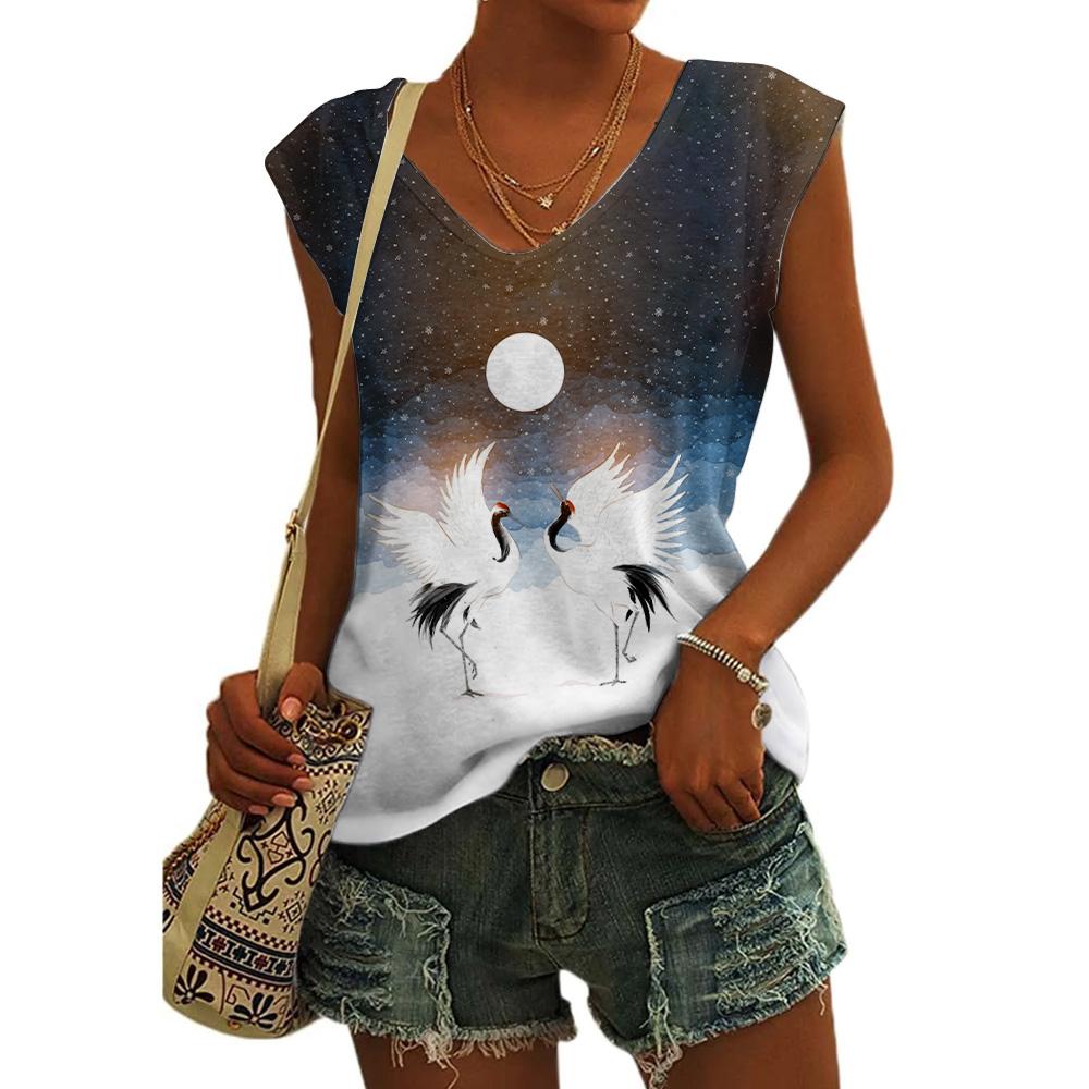 Women's Vest Crane Printed Sleeveless V-neck Tank Tops Female Clothing Fashion Streetwear Basic T-shirts Cap Sleeve Tops S-3XL