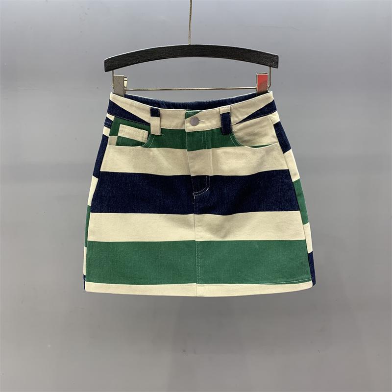 High waist and thin striped printed denim skirt women s 2025 summer new fashion trend A character personalized skirt S зелёный