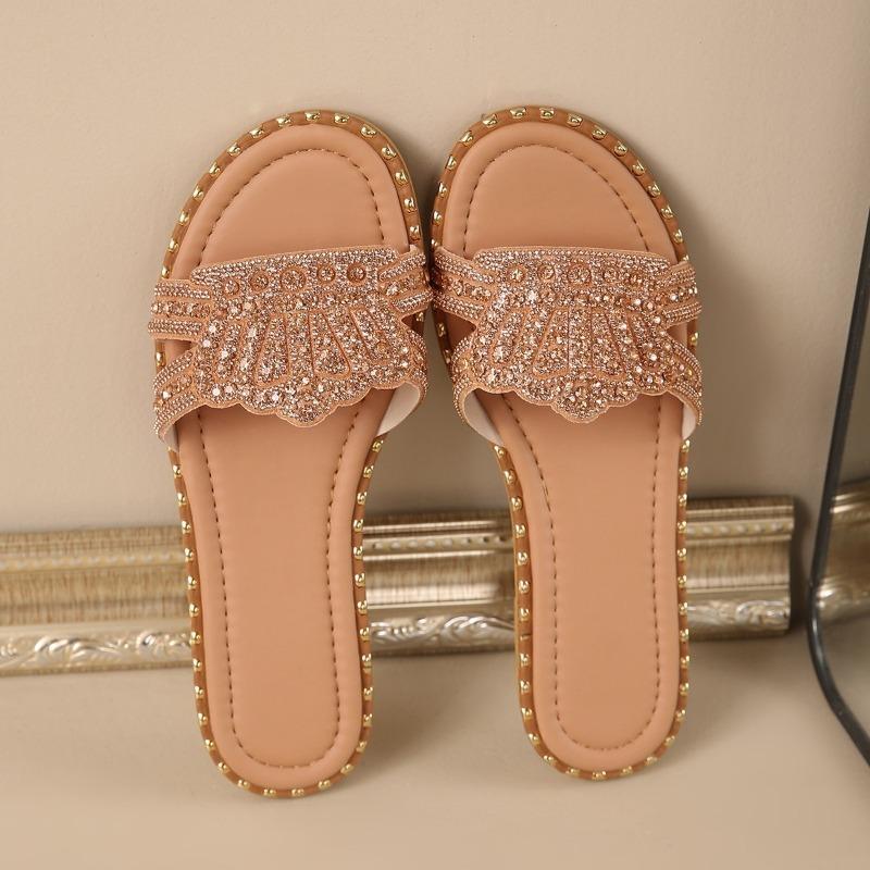 Women's Summer Flat Rhinestone Beach Slide Sandals, Fashionable Casual Comfort Footwear.