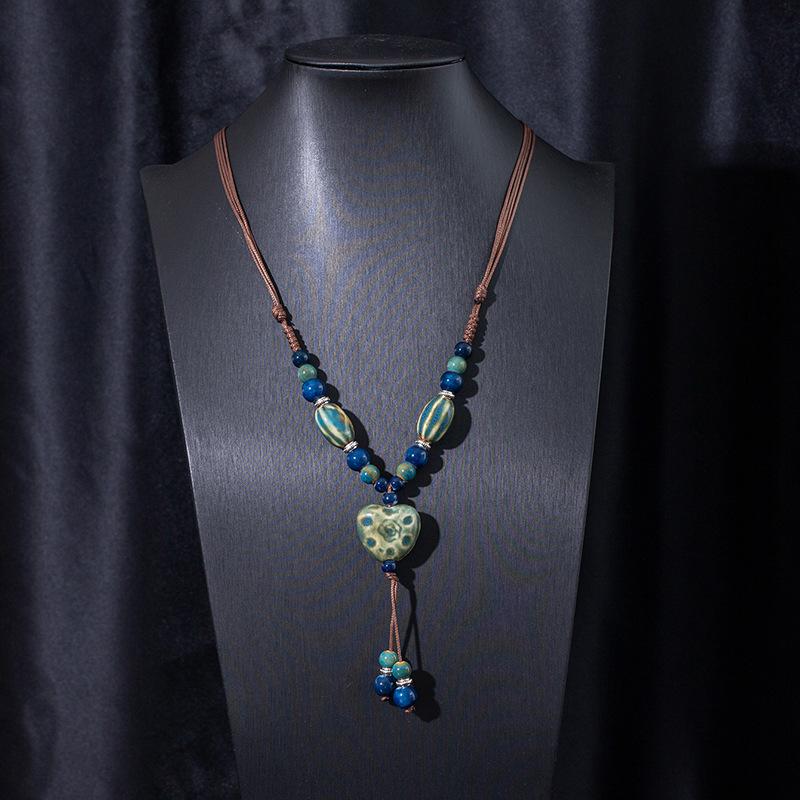 Jingdezhen Ceramic Non-Fading Necklace Ethnic Style Sweater Chain Antique Woven Rope Long Neck Chain