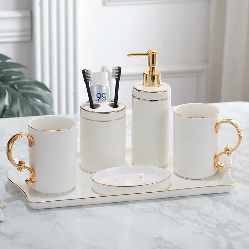 Gilded Ceramic Bathroom Accessories Set Portable Soap Dispenser Mouth Cup Toothbrush Holder Soap Dish Tray Bathroom Supplies
