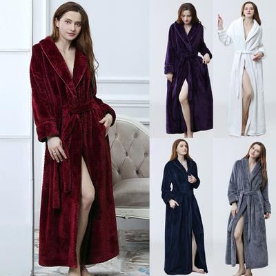 Couple Solid Thickened Fala Fleece Bathrobe Robe Pajamas Waistband Pocket Suit