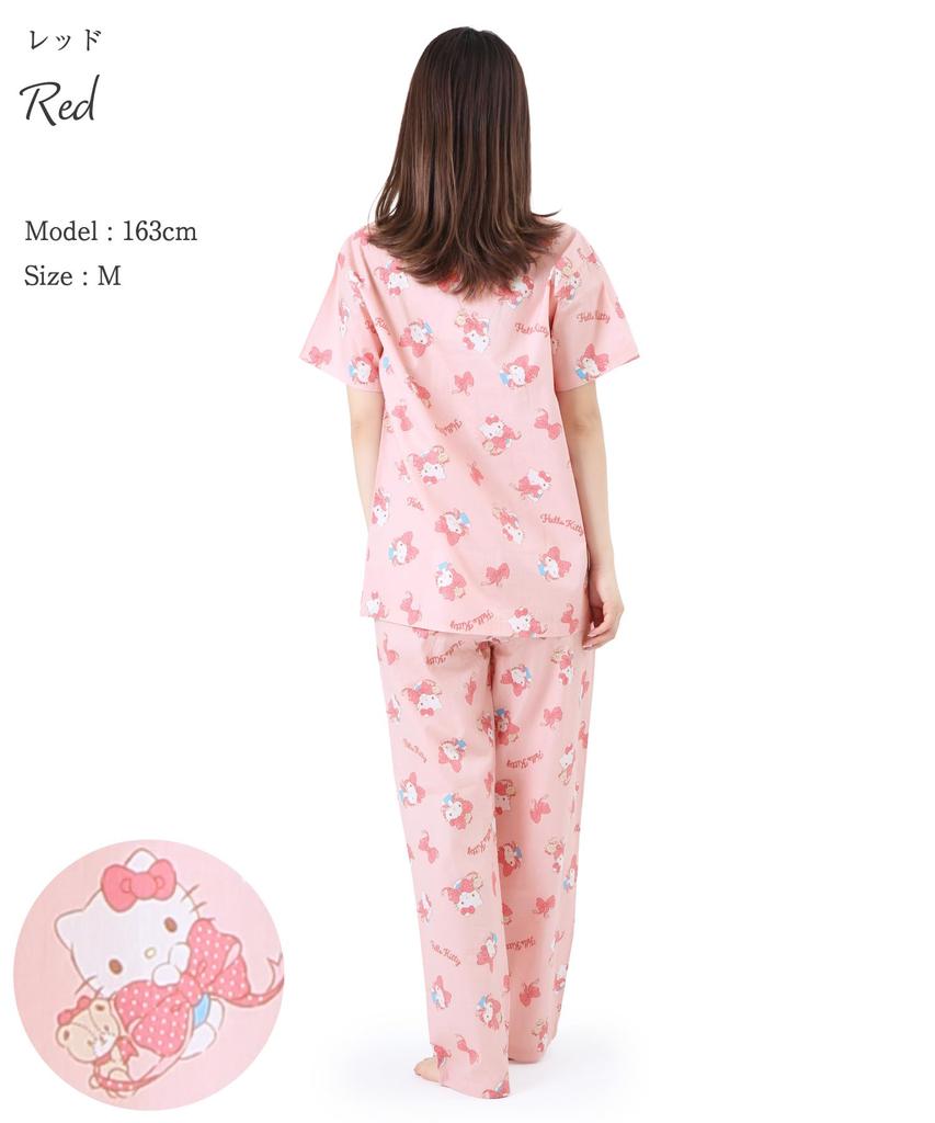Hello Kitty Shirt Pyjama Breitband Baumwolle Kurzarm Lange Hose Oberteil und Unterteil Set Room Wear Loungewear Ribbon Ribbon Hello Kitty [SAZAC] 100%