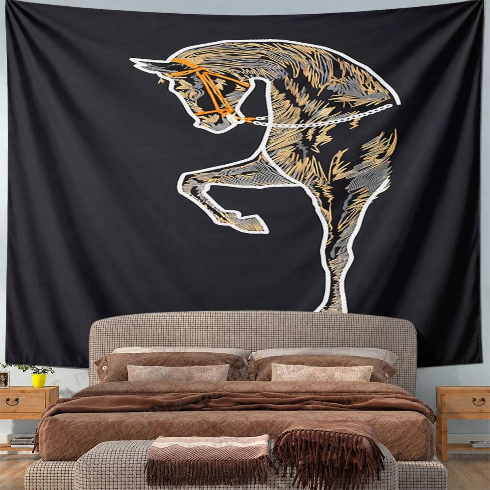 Golden Horse Sketch On Black Background Pattern Wall Hanging Tapestry Decorative Tapestry Home Decor for Bedroom and Living Room