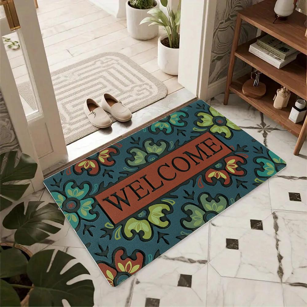 Vintage Mosaic Floral Carpet Mat Rug - "Welcome" Door Mat Non-Slip Floor Decor for Home Entrance Living Room Home Decoration