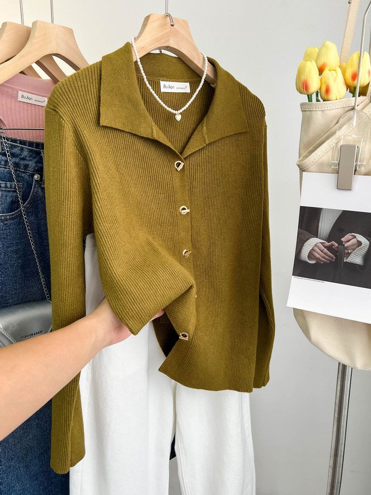 French Elegant Lapel Knitted Sweater Cardigan Women Spring Autumn Vintage Solid Polo Shirt Korea Chic Underneath A Base Layer Clothes