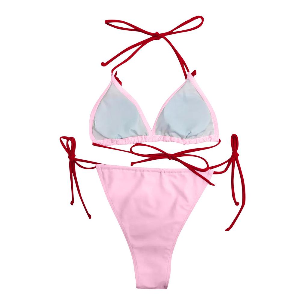 Women's Sexy Split Color Bikini SSwimsuit Bow Tie Swimsuit 2 Piece Set
