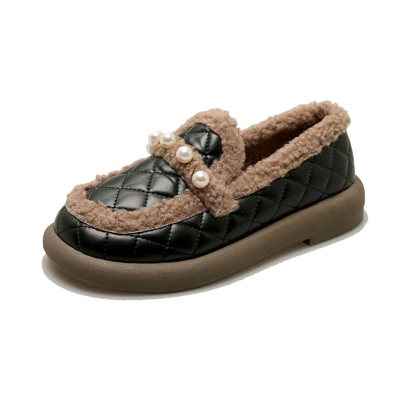 

Женские модные туфли на плоской подошве, зимние новые, с круглым носком, глубоким горлом, с бусинами, мягкая подошва, нескользящая, износостойкая, низкая обувь 40 чёрный