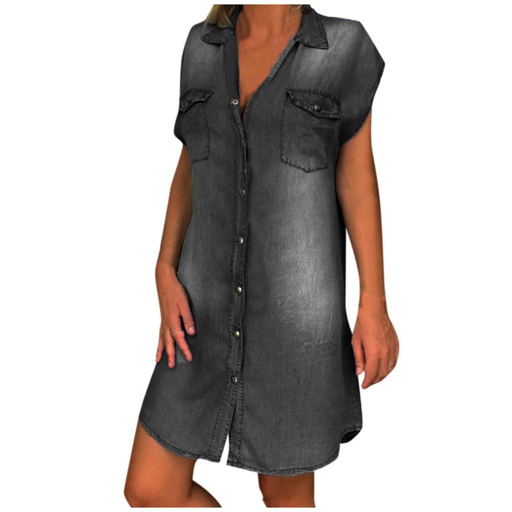 Women's Casual V-neck Denim Party Dress Sleeveless Swing Dress
