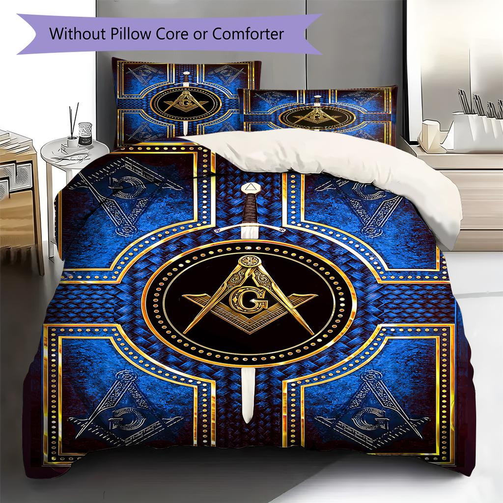 Masonic Freemason Pattern Bedding Quilt Set Quilt Cover Pillowcase Home Decoration Birthday Gift (1 * duvet cover + 2 * pillowcase, without core)