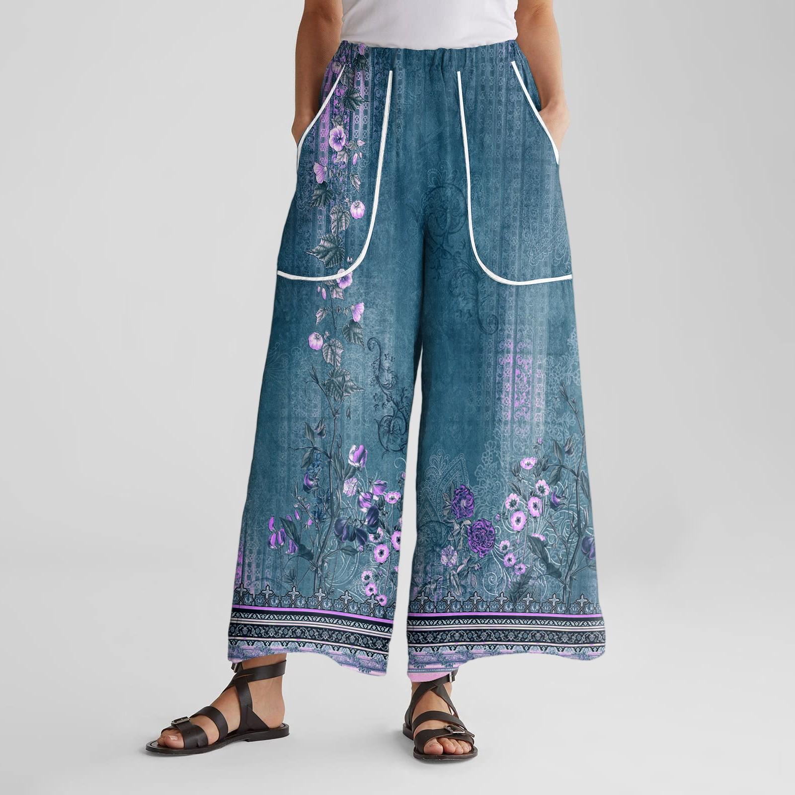 

Женские брюки широкие от бедра с эластичным поясом, ретро-принтом, большими накладными карманами, лоскутные свободные брюки XL