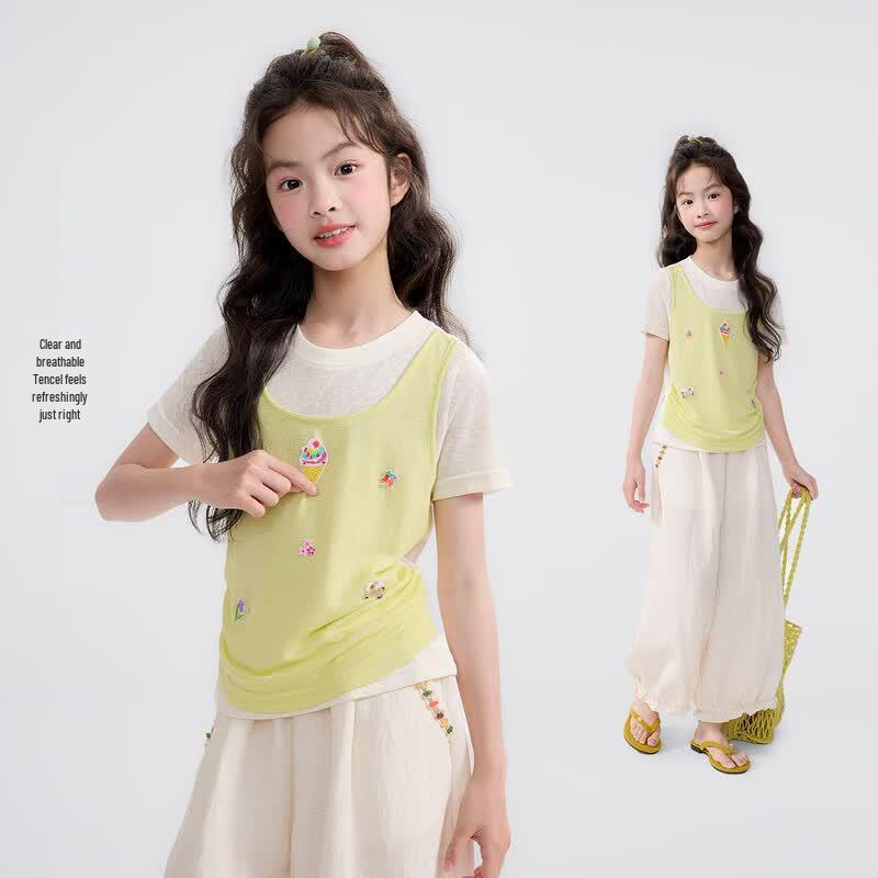 Princess Yuanyuan Girls Faux Two-Piece Short Sleeve T-Shirt 160