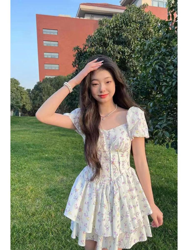 Robe d'été 2026 pour femme à manches bouffantes florales et col carré - Jupe courte moelleuse douce et épicée