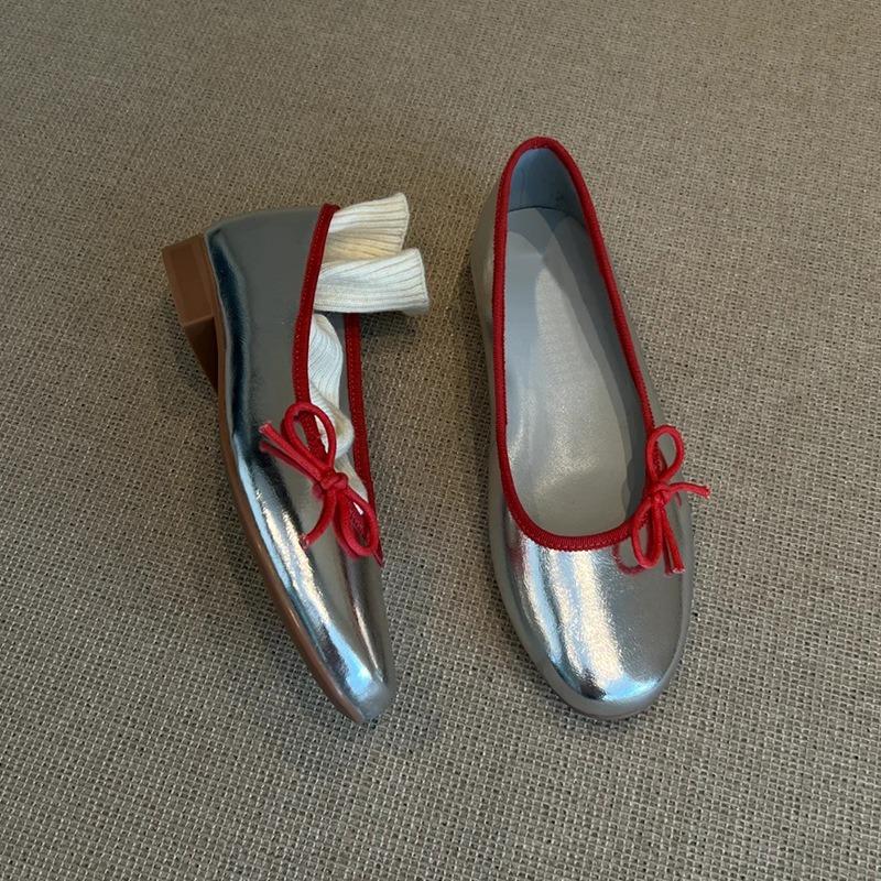 Sheepskin ballet shoes women's spring new bow silver soft sole flat grandma shoes retro commuter round