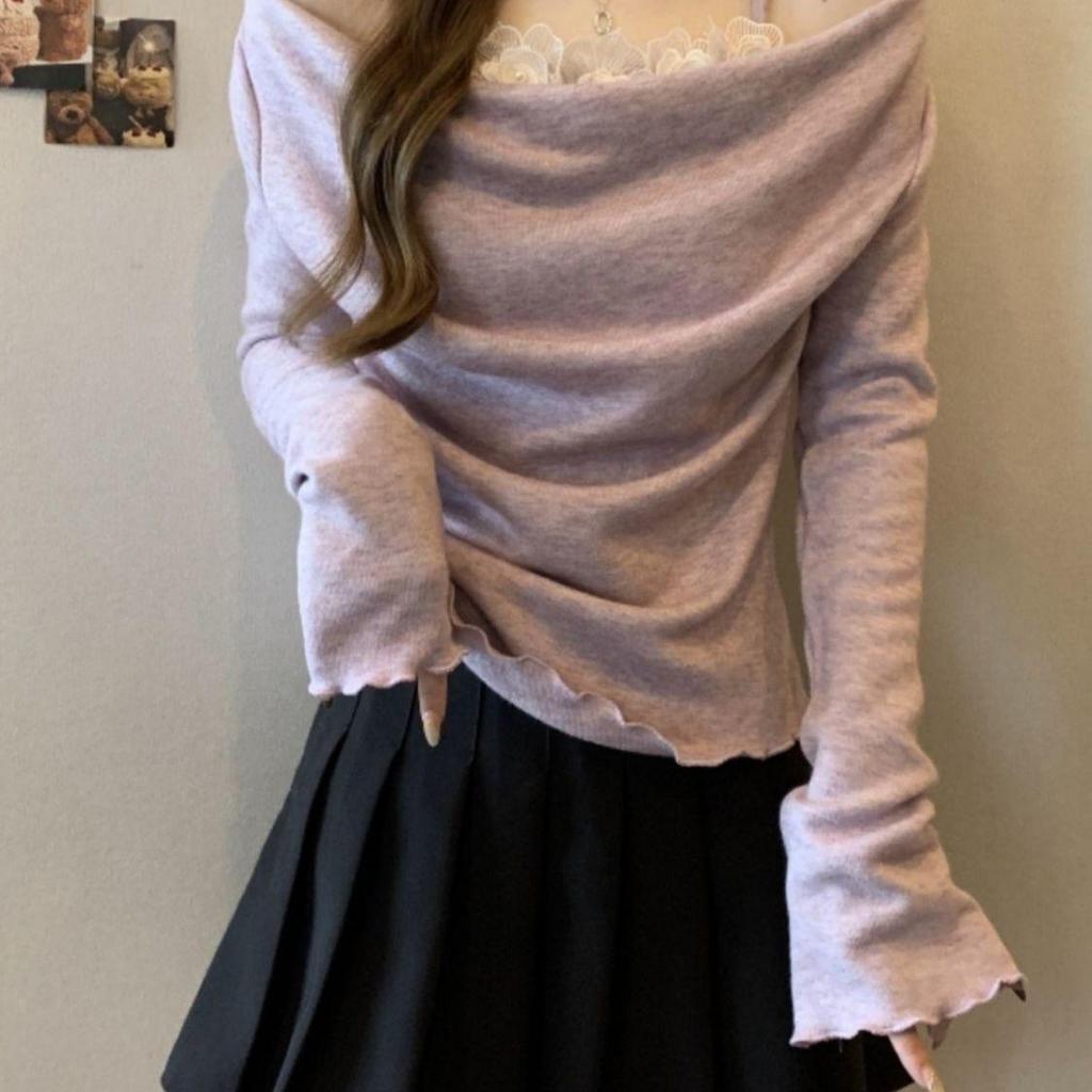 Plus Size Velvet Patchwork One-Shoulder Lace Long Sleeve T-shirt for Women - Slimming & Flaw-Hiding Spring/Autumn Base Layer