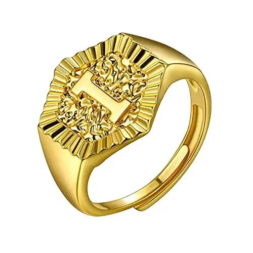 Hexagon Surface 3D Embossed A-Z Initial Letter Rings for Man Woman Adjustable Size A-Z 14k Gold Color Family Signet Jewelry