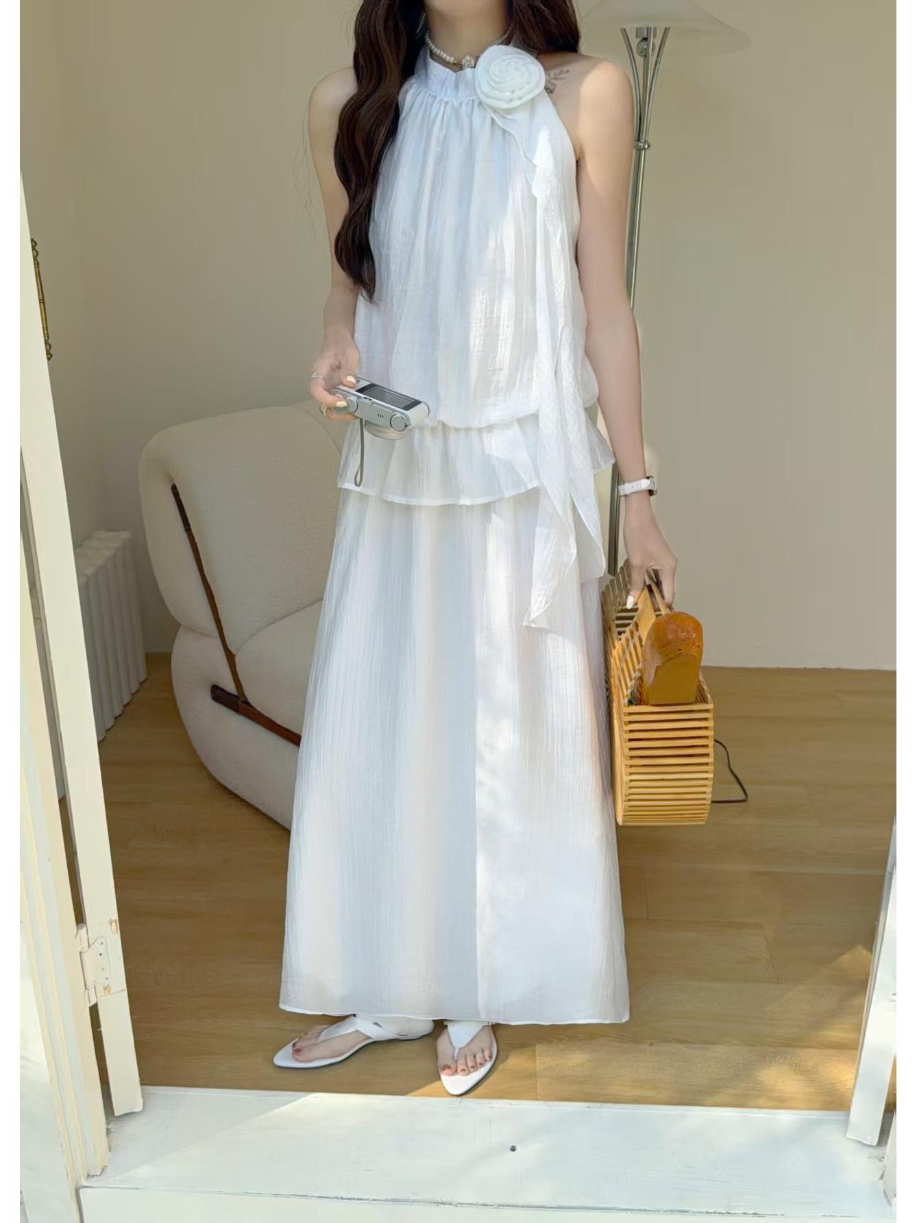 Halter Neck Floral Chiffon Fake Two-Piece Women s Summer Dress One Size белый