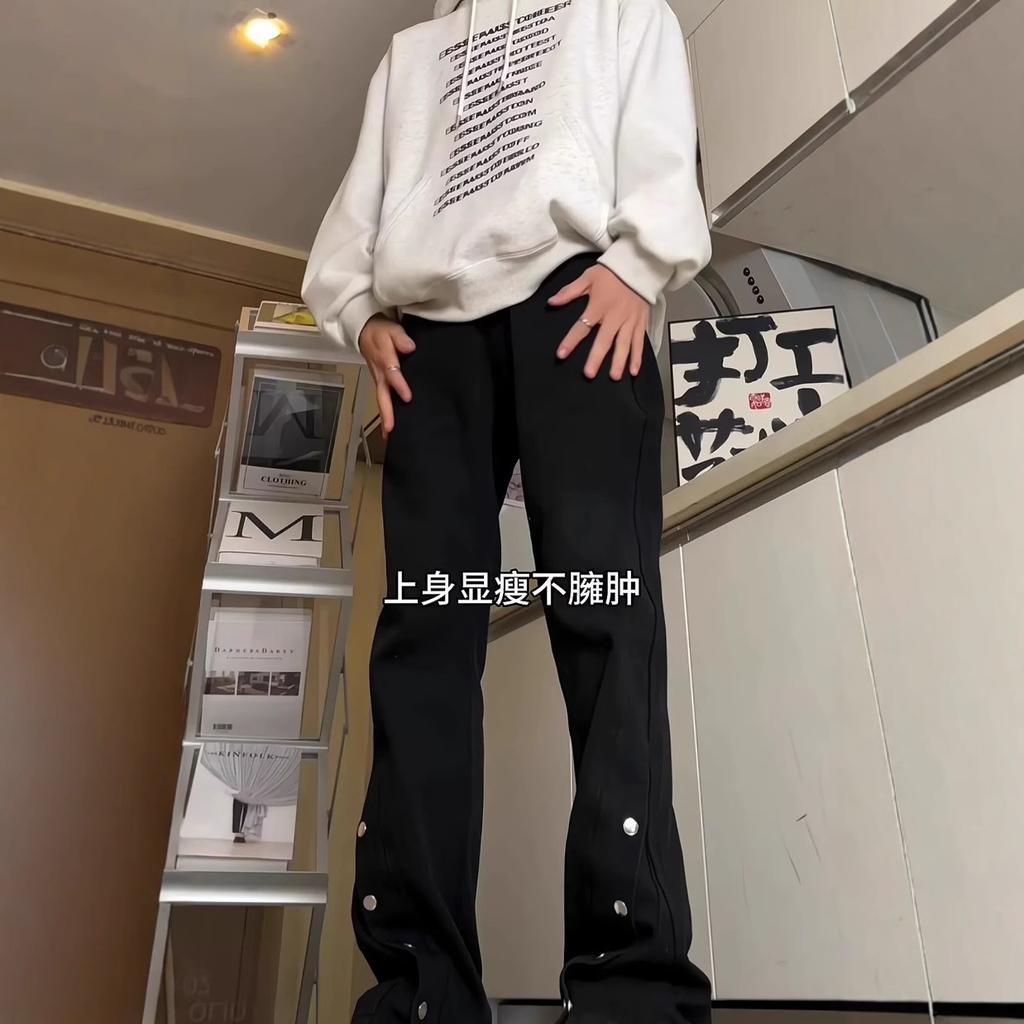 American breasted jeans boys zipper design straight tube micro-pull pants men's and women's functional street long pants