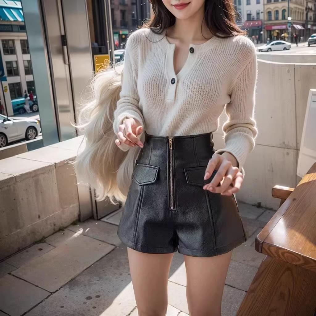 

2024 Women s High-Waisted Wide-Leg Leather Shorts: Slimming Hip-Hugging Fashion Versatile Casual Pants. XL (119-130 lbs)