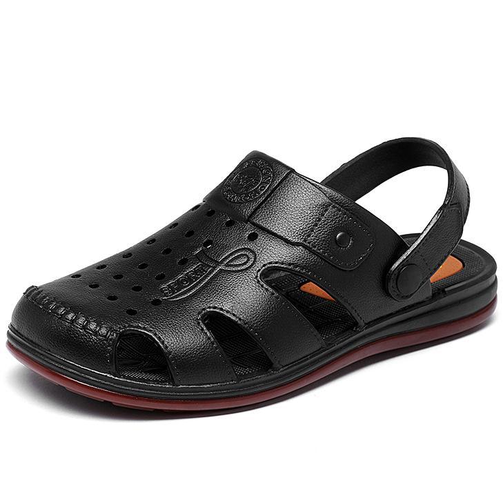 Men s Closed Toe Leather Sandals Two-Wear Slip On Hollow Out Casual Walking Slide Sandals Non-Slip Summer Outdoor Beach Shoes 39