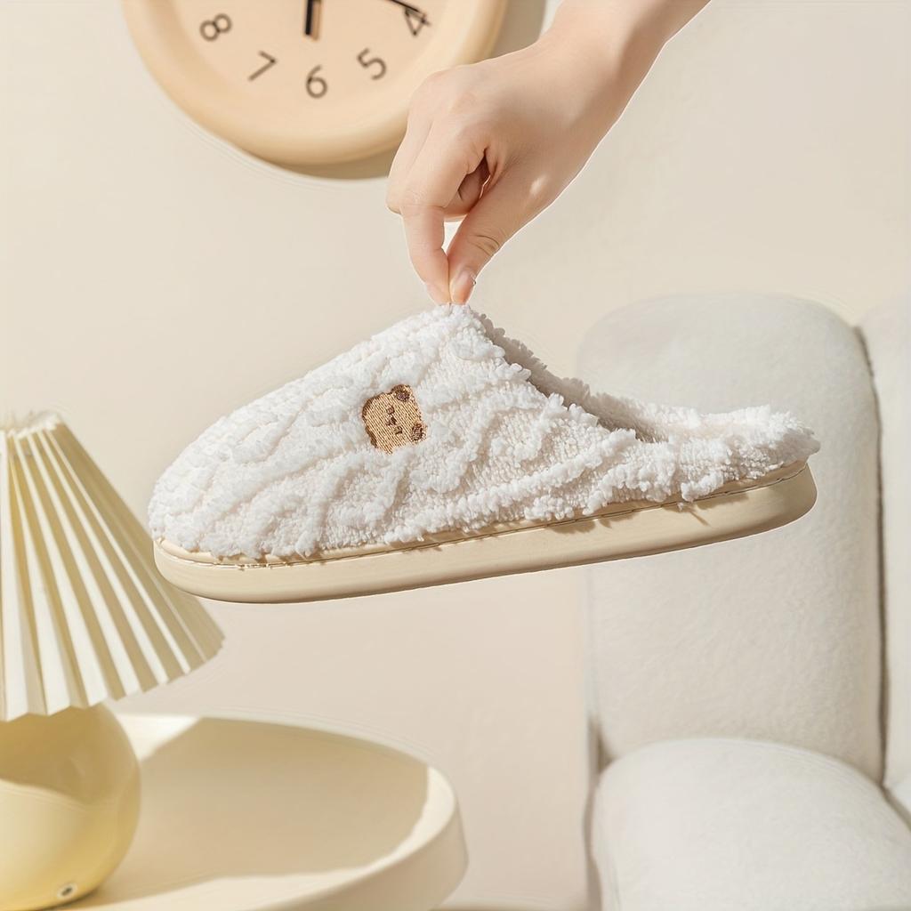 Jednobarevné minimalistické teplé pantofle s potiskem pruhů a medvídka pro domácí použití, měkké a pohodlné pro muže a páry, vhodné pro muže i ženy