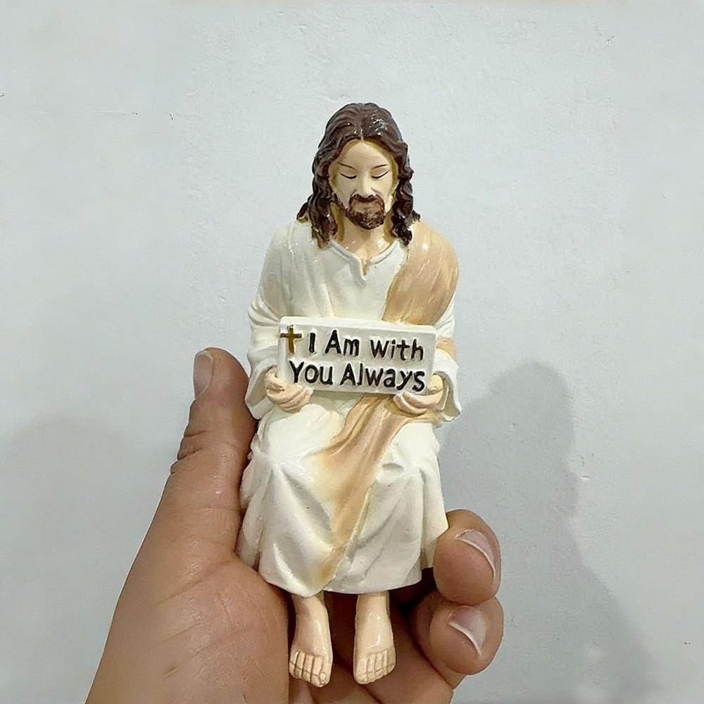 Hand Painted Jesus Figurine I Am with You Always Sitting Pose Jesus Christ Statue Unique Handmade Resin Jesus Ornament