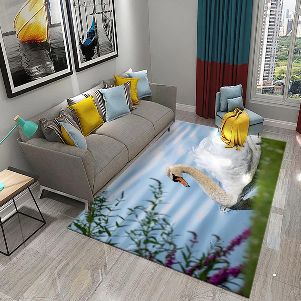 3D Cute White Swan Carpet Romantic Area Rug for Kids Bedroom Living Room Bathroom Non-Slip Soft Carpet Animal Doormat Home Decor