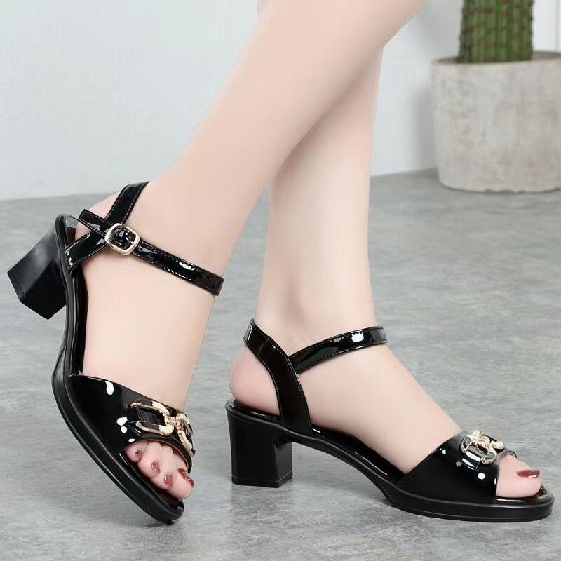 2025 summer new sandals women's soft leather soft sole medium heel thick heel mother fish mouth leaking toe with fashion women's shoes