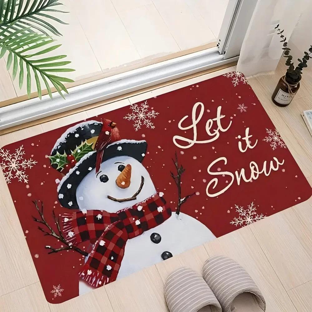Snowman Welcome Floor Mat With Snowflakes And Hearts Winter Doormat Non-Slip Indoor/Outdoor Entry Mat Home Christmas Decor Rug