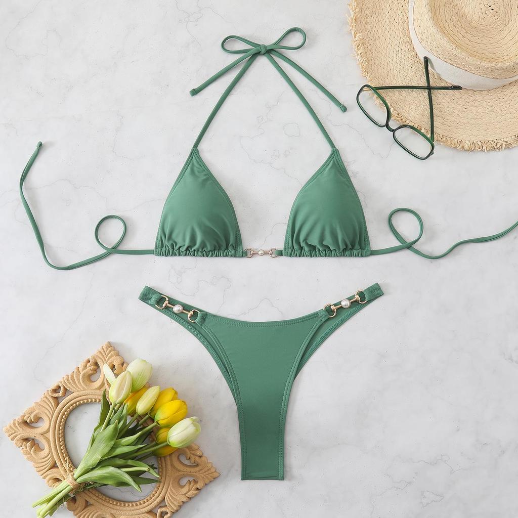 Triangle Strap Pearl Sexy Bikini Split Swimsuit