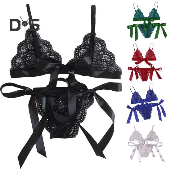 2 Pcs/Set Bra Panties Set Lace Uo Bow knot See through Lace V Neck Spaghetti Strap Three Point Pornographic Lady Underwear Suit