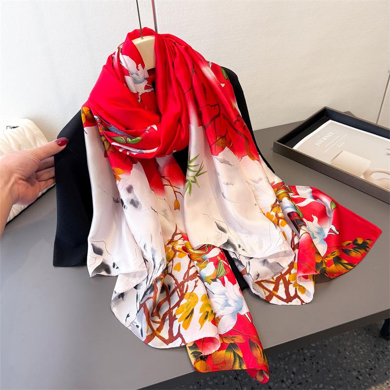 Printing Simulation Silk Brocade Sunscreen Contrasting Color Flower Silk Scarf Long Scarf Shawl Versatile Headscarf Scarf