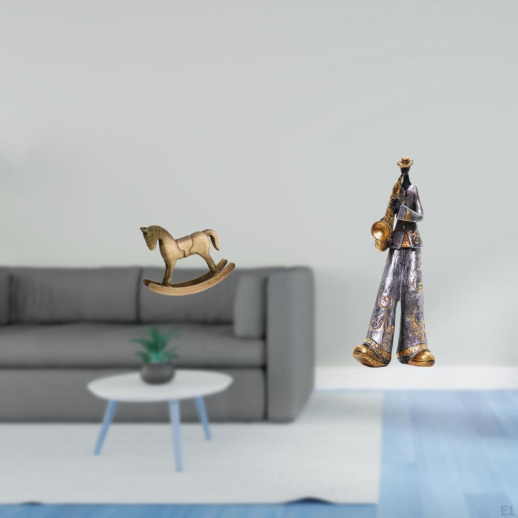 Rustic Wood Horse Figurine And Resin Musician Statue Sculpture Ornament for Bedroom Living Room