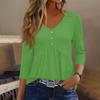 Womens 3/4 Sleeve V Neck Button Detail Solid Color Casual Loose Fit Tunic Top with Gathered Waist and Rounded Hem