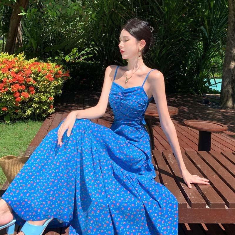 Floral Blue Suspender Dress Women's Summer Bow Halter High Waist Thin Spice Girl Long Dress Seaside Photo Clothes