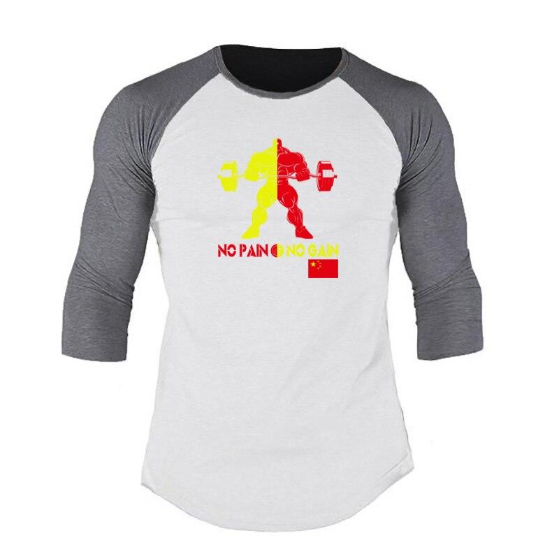 

Muscleguys Новый печатный NO PAIN NO GAIN Футболка с тремя четвертями рукава Мужская строчка Фитнес Повседневная одежда со средним рукавом XXL белый