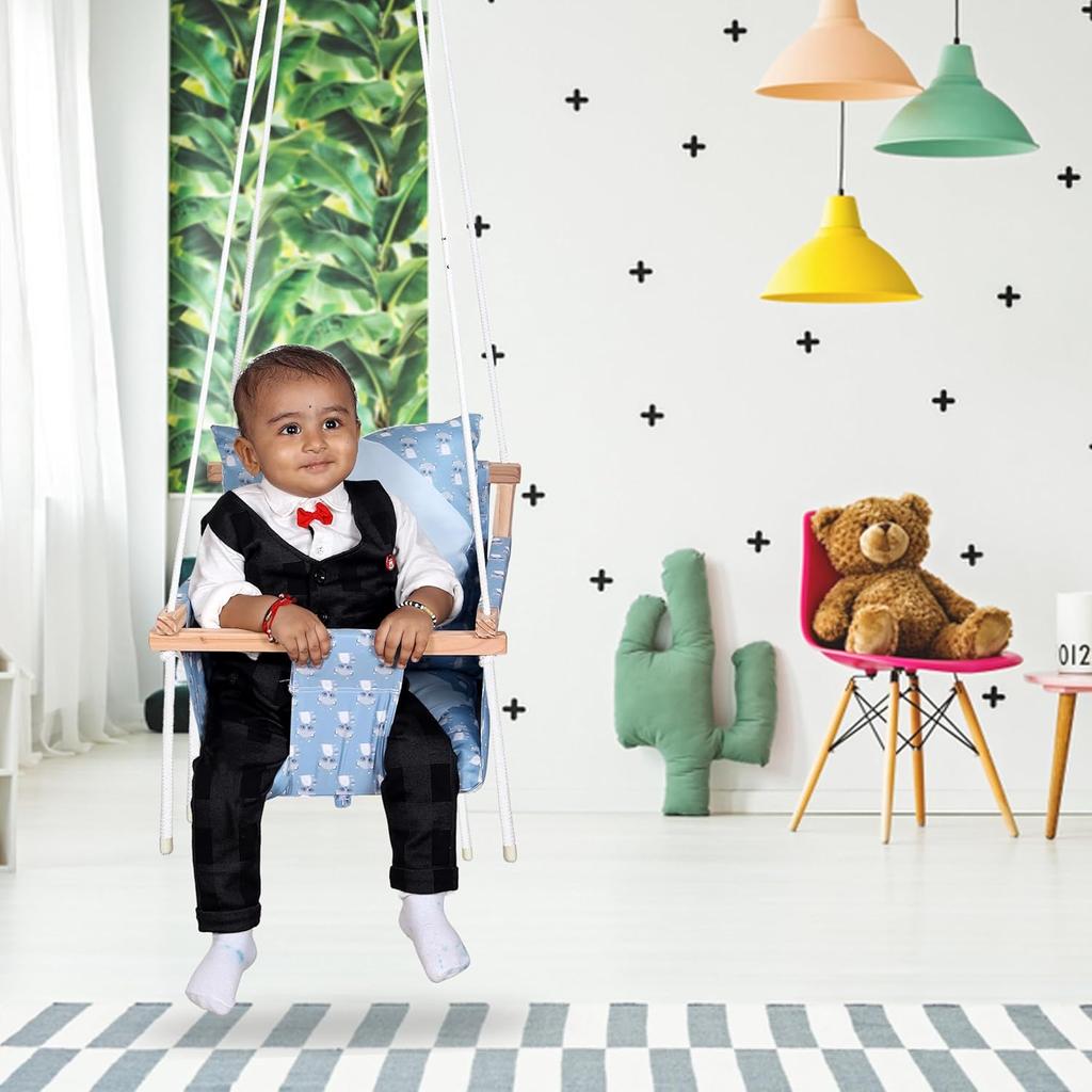 Swing for Kids, Baby Swing Hanging Indoor Outdoor, Kids Wooden Swing, Baby Garden Swing, Jhula for Kids with 2 Pillow (Blue Fox)